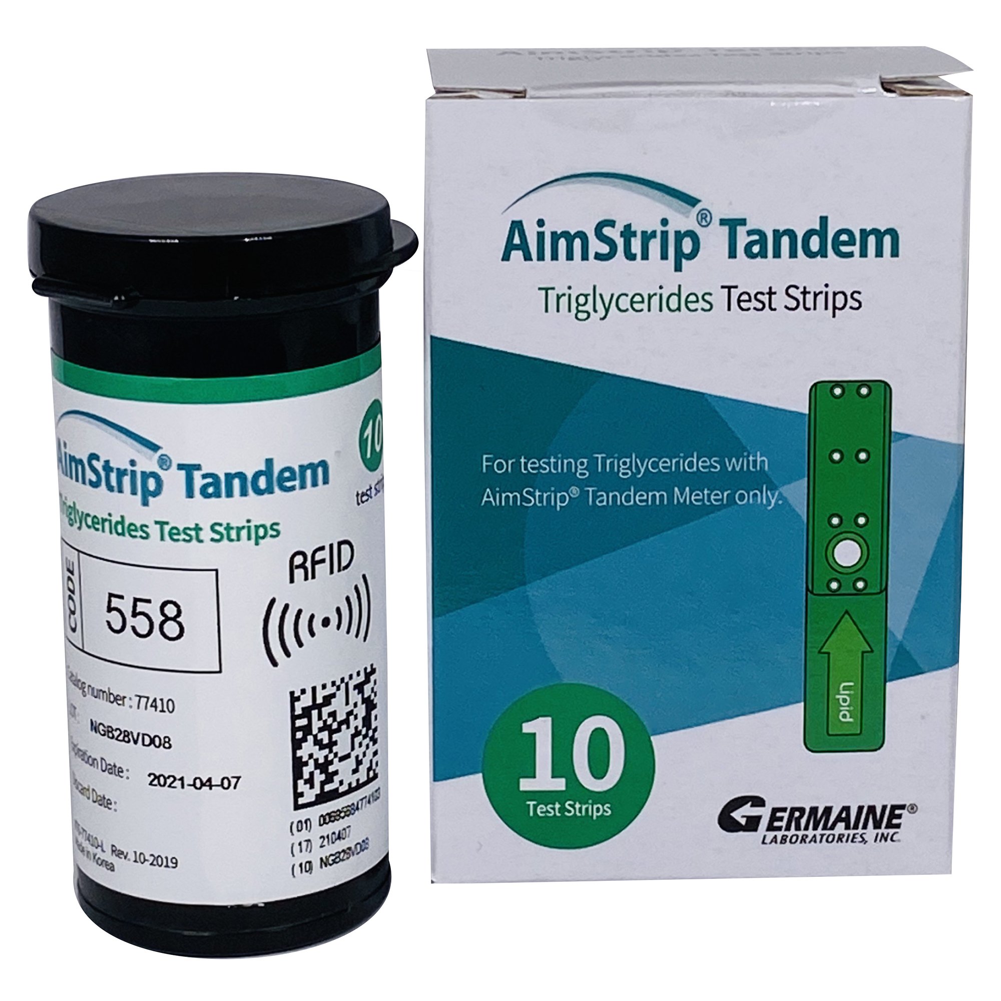 Reagent Test Strip AimStrip® Tandem Diabetes Monitoring Triglycerides For use with AimStrip Tandem Meter 10 Tests 5 µL Sample by Germaine Laboratories  ID 77410
